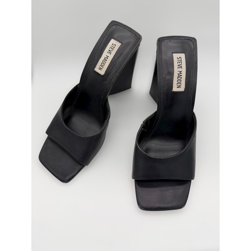 Steve Madden Twists Black Leather Square Toe Triangular Block Heel Mules Mens 9M